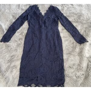 H&M Women’s Lace Dress V Neck Navy Blue Classy Semi Sheer Lined Slim Fit Sz 6